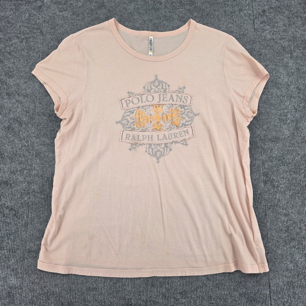 Polo Jeans Ralph Lauren Graphic T-Shirt XL Peach Pink Gold Foil Y2K Vintage